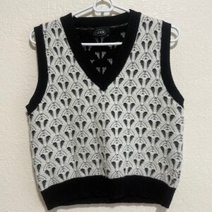 Cider Black White Geometric Knit Sweater Vest V-Neck XL Sleeveless Pattern